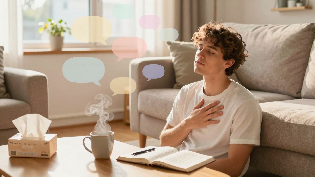 Jovem sentado no chão com olhos fechados, mão no peito, livro aberto e xícaras na mesa em sala iluminada.