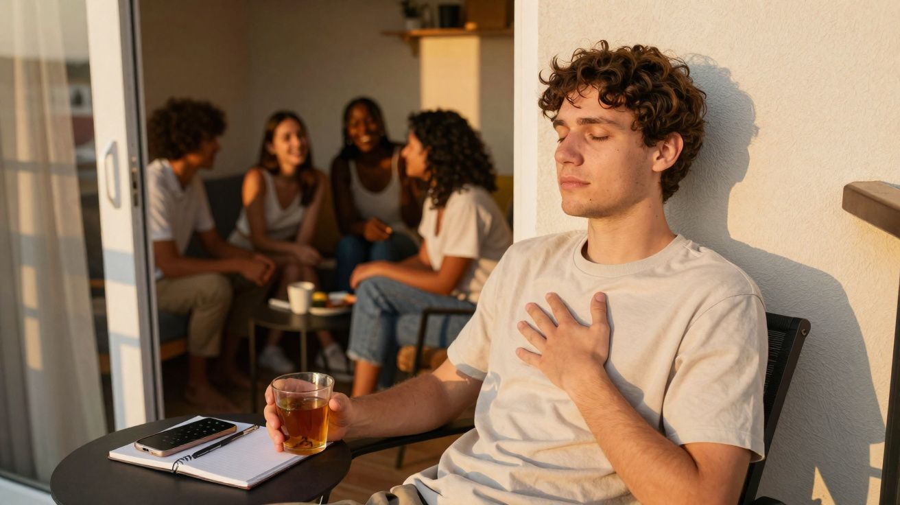 Homem sentado em cadeira com olhos fechados e copo na mão, enquanto grupo conversa ao fundo.