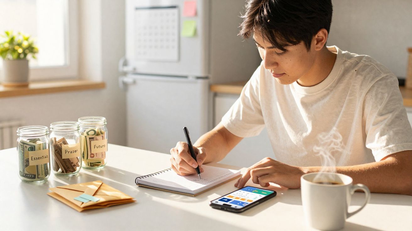 Jovem sentado à mesa organizando finanças com cadernos, celular, café e potes com dinheiro etiquetados.