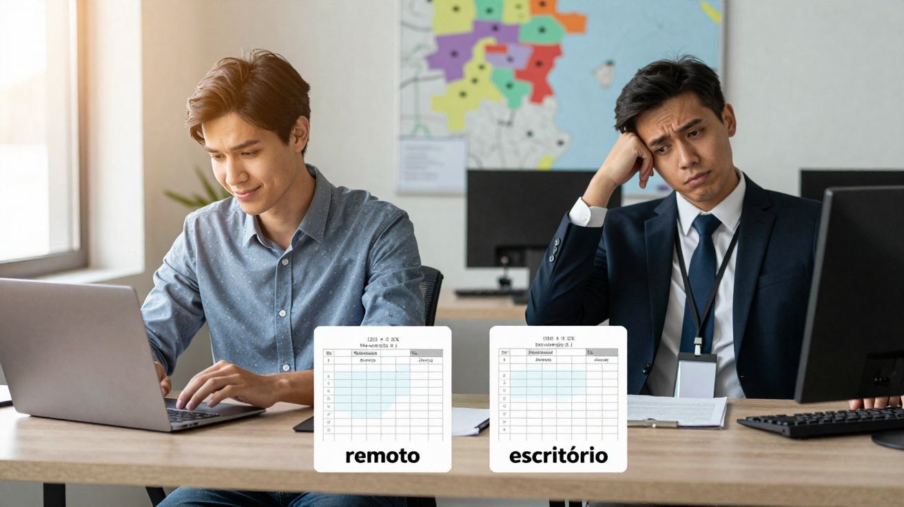 Dois homens trabalhando lado a lado, um sorrindo no laptop remoto e outro tenso no escritório.