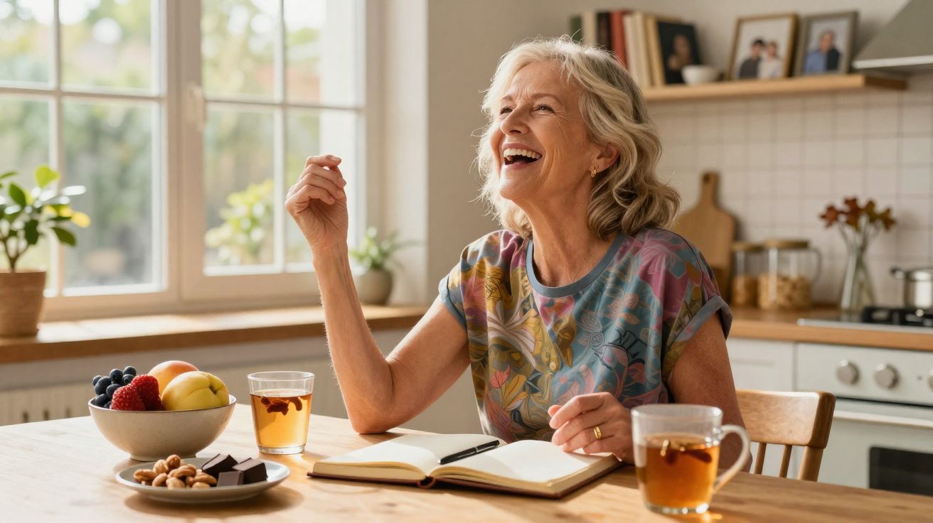 Mulher idosa sorridente sentada à mesa com frutas, chocolate, chá e caderno aberto em cozinha iluminada.