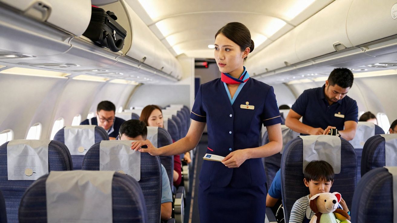 Comissária de bordo em uniforme azul checa passagem enquanto passageiros estão sentados em avião.