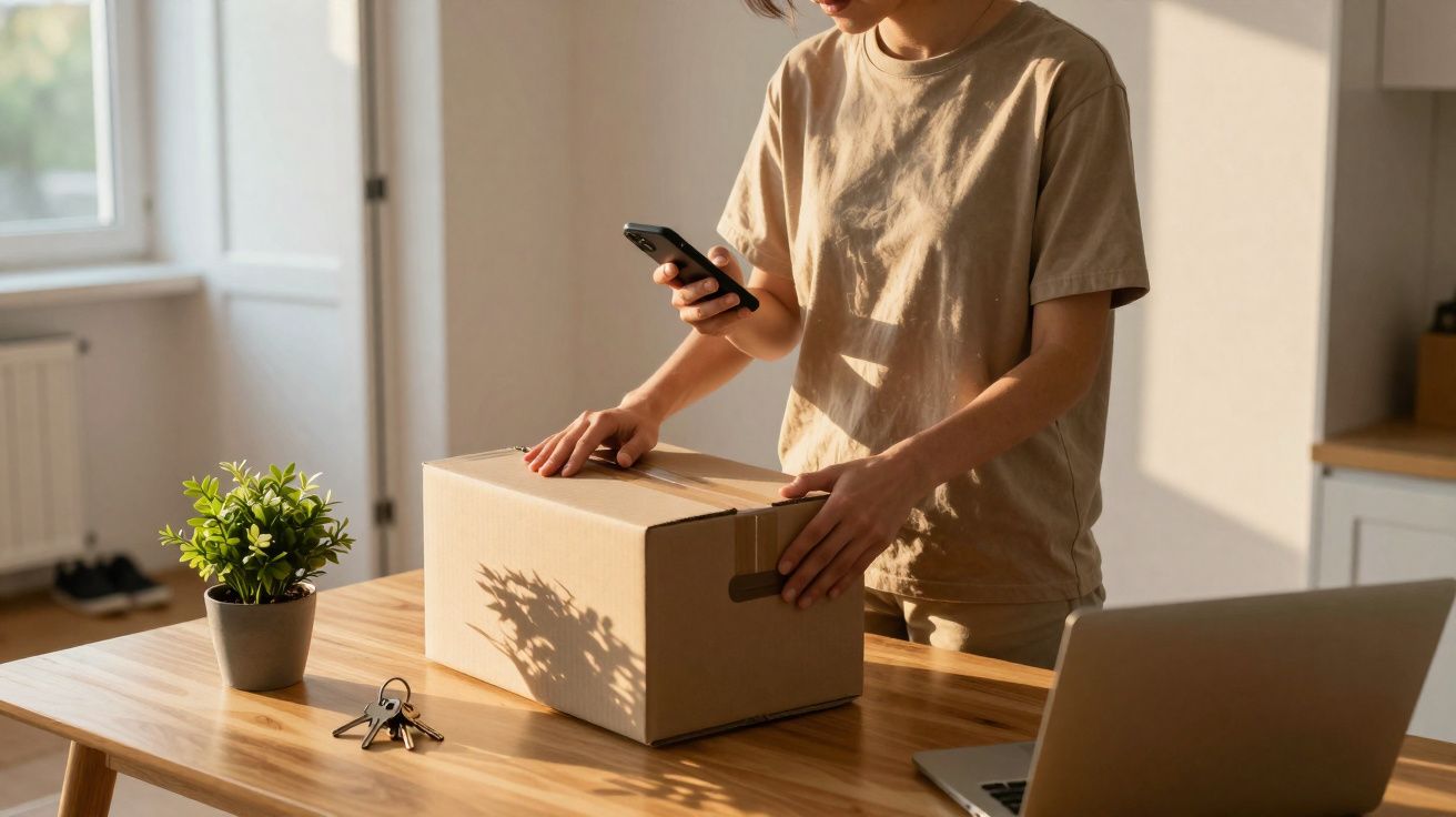 Pessoa escaneando código de caixa de papelão em mesa com laptop, chave e planta em vaso pequeno.