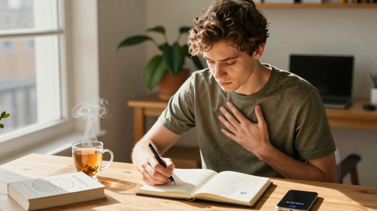 Jovem sentado à mesa escrevendo em caderno, com caneca de chá, livro e celular ao redor, em ambiente iluminado.