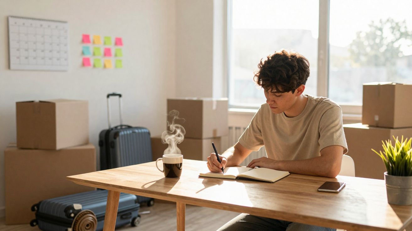 Jovem sentado em mesa escrevendo em caderno, ao lado xícara com bebida quente, malas e caixas ao fundo.