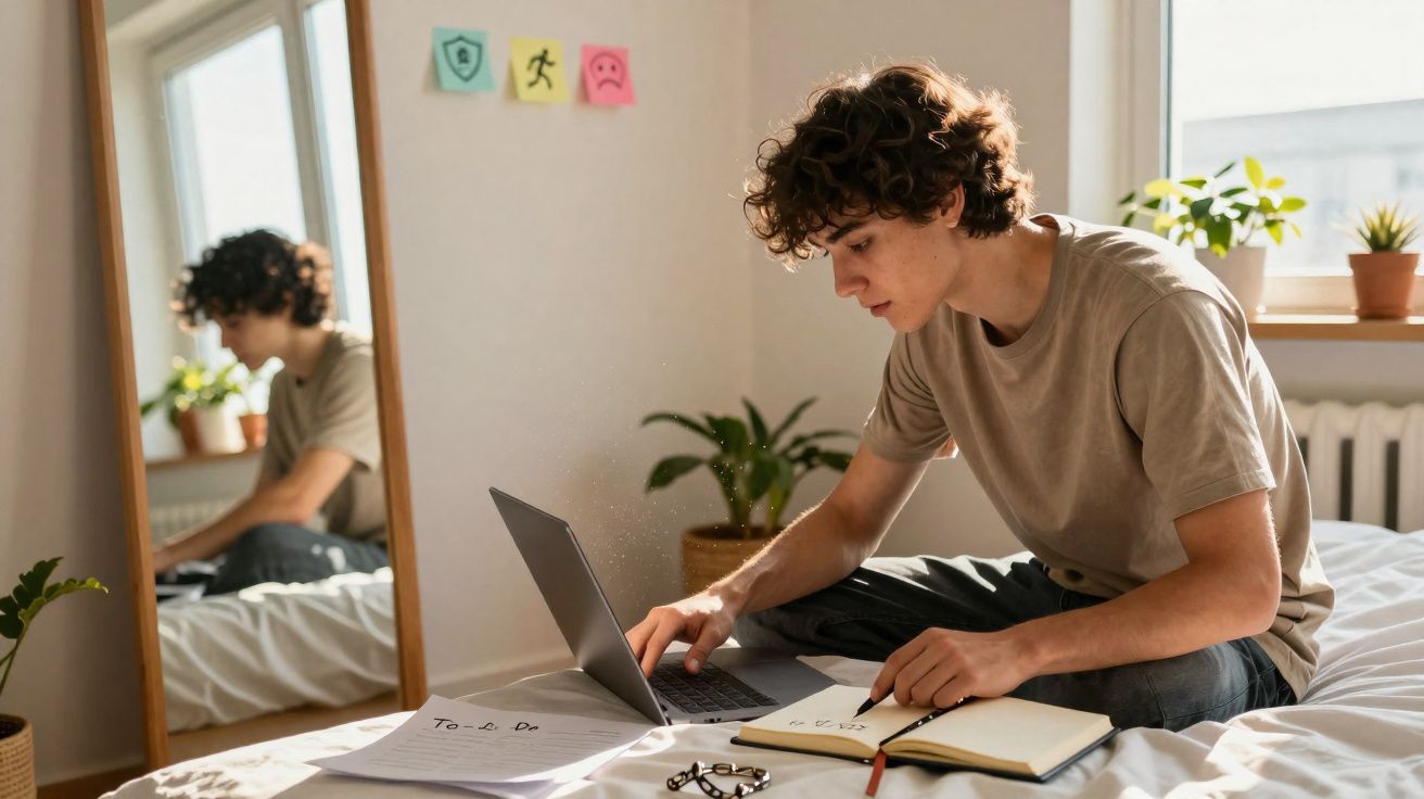 Pessoa jovem usando laptop e caderno, sentada na cama em quarto iluminado por luz natural.