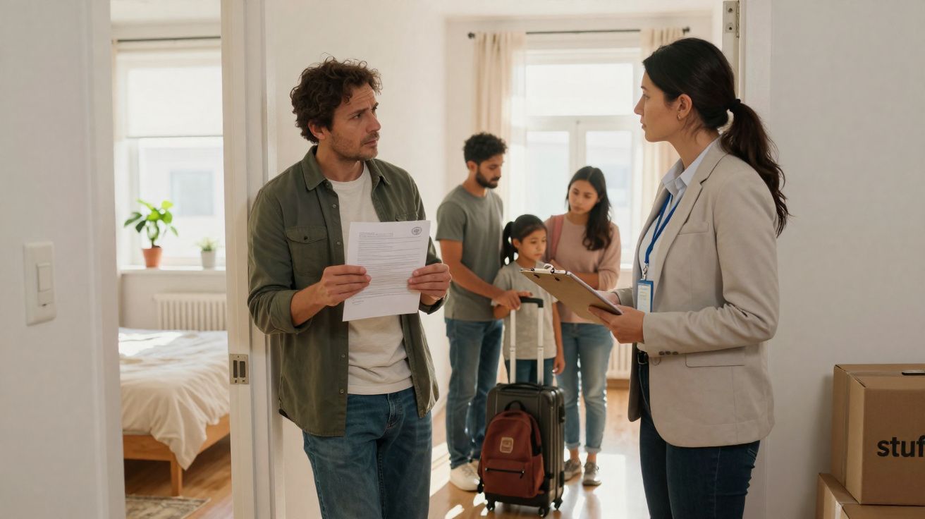 Homem entrega documentos para corretora ao mostrar apartamento para família com malas, em ambiente bem iluminado.