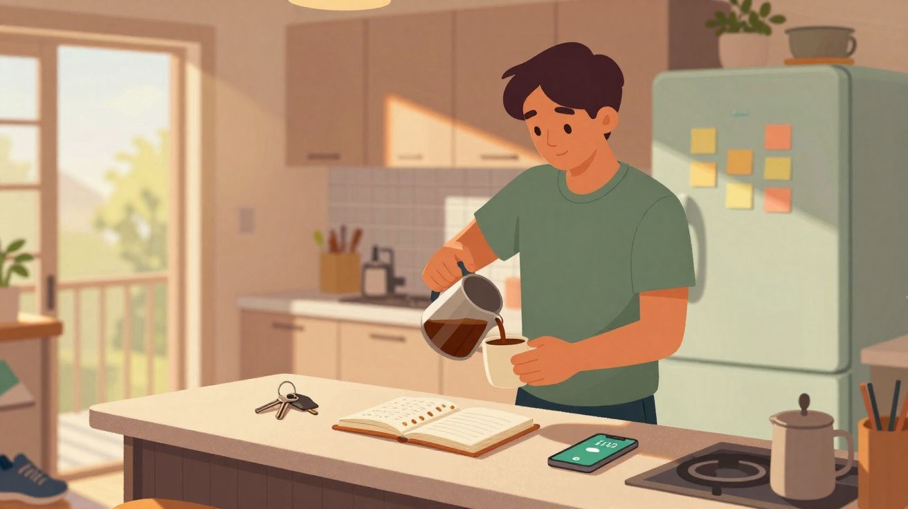 Jovem servindo café na cozinha enquanto lê livro aberto sobre a bancada com celular e chaves.