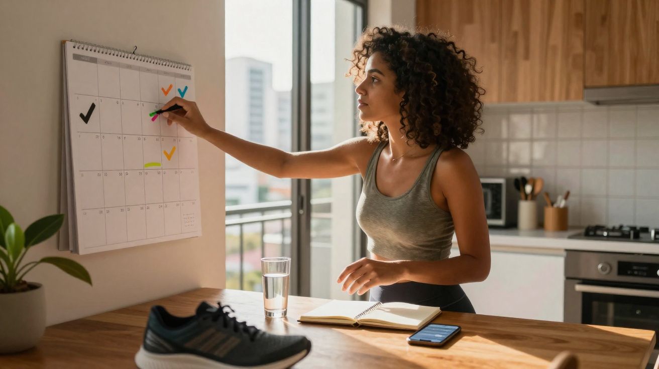 Mulher marca compromissos em calendário na parede de cozinha, com tênis, copo d’água e celular na mesa.