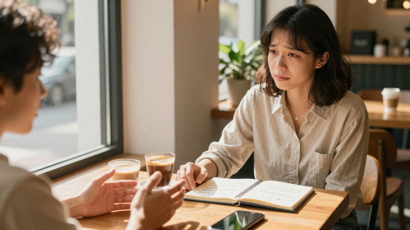 Mulher com expressão preocupada conversa com pessoa em café, com cadernos e café na mesa.