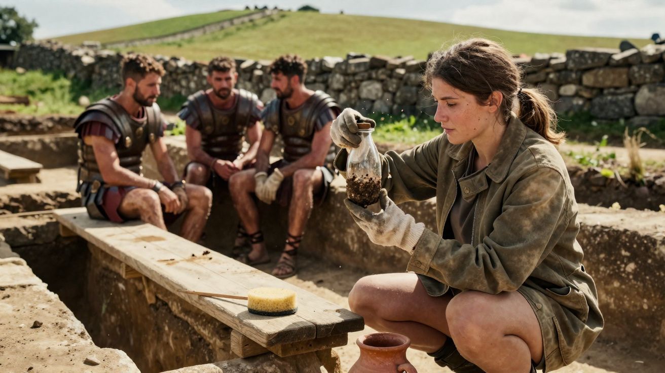 Mulher arqueóloga analisa artefato em sítio arqueológico enquanto três homens com armaduras romanas conversam ao fundo.