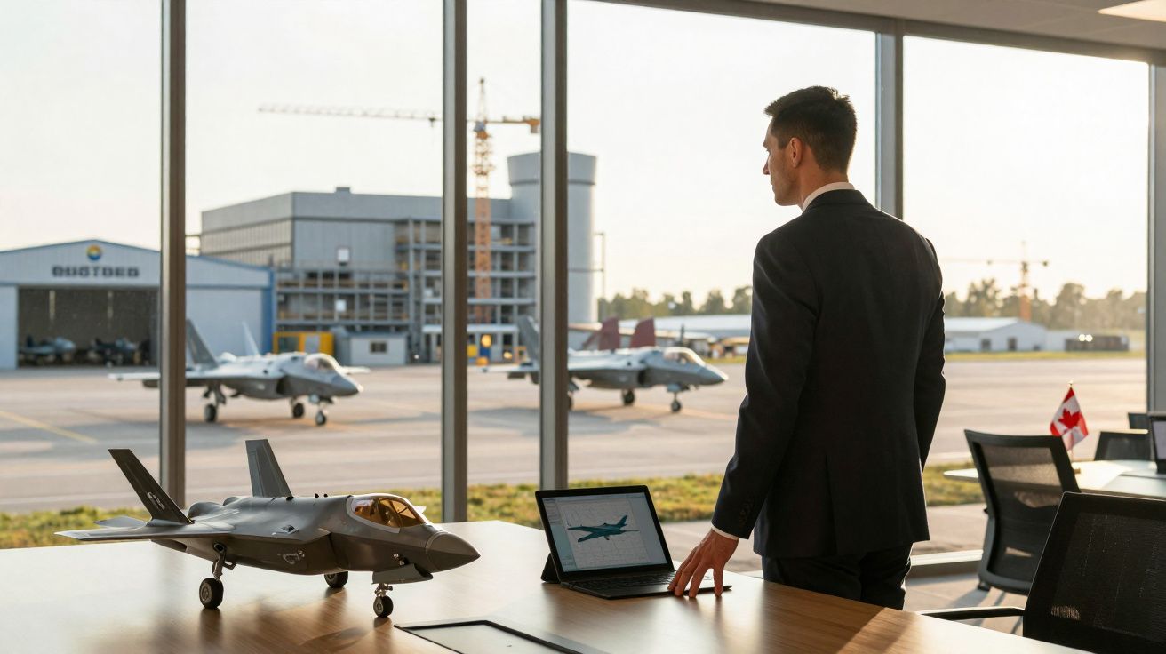 Homem em terno observa pelo vidro jatos militares na pista de aeroporto ao lado de modelo de avião.