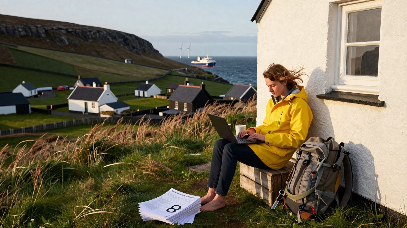 Pessoa sentada ao ar livre em casa branca à beira-mar, trabalhando no laptop, com caderno e mochila ao lado.