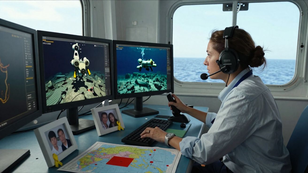 Mulher controlando robô submarino em três monitores, sentada em estação com mapa e fotos, mar ao fundo.