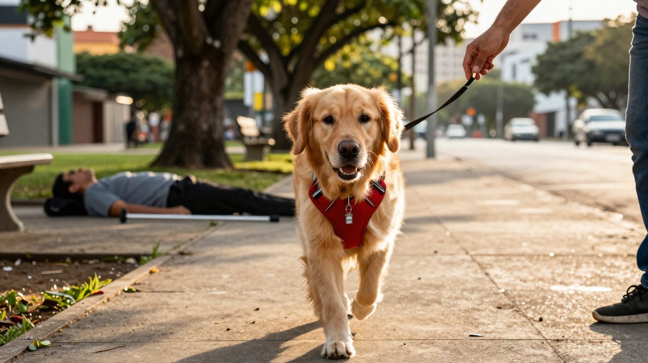 Cachorro da raça Golden Retriever com coleira vermelha sendo conduzido na coleira em calçada urbana.