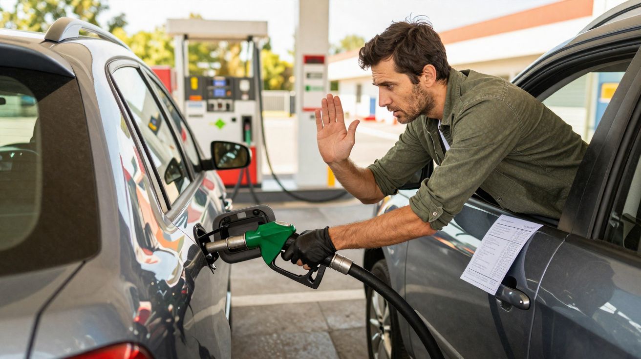Homem abastecendo carro com bomba de combustível em posto de gasolina durante dia ensolarado.