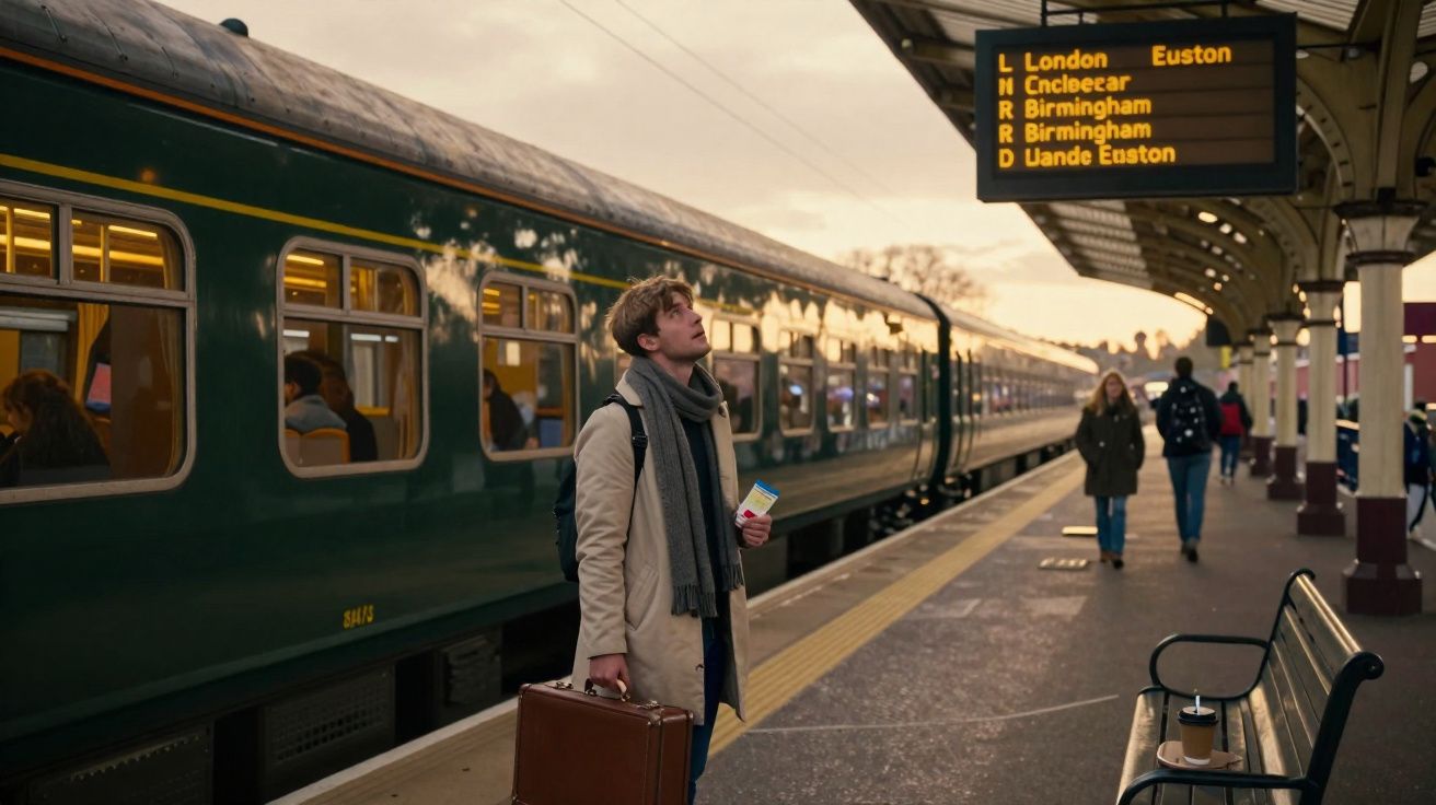 Homem com mala e bilhete espera na plataforma de estação de trem ao entardecer.