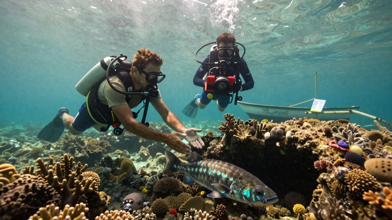Mergulhadores com equipamento exploram recife de coral e filmam peixe grande em águas claras.