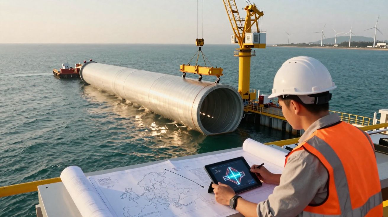 Engenheiro com capacete e colete observa projeto na construção de grande tubo metálico sobre o mar.