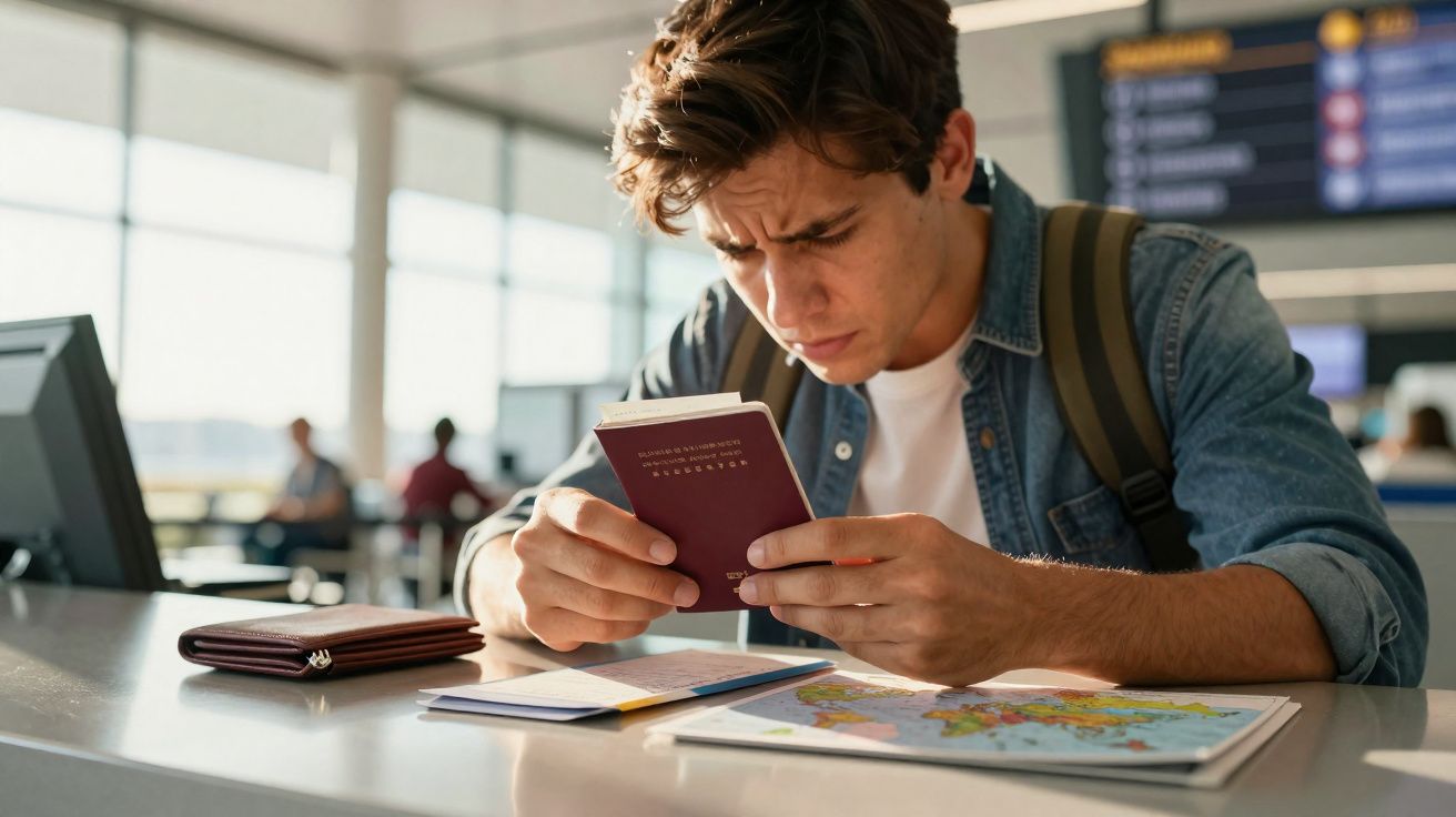 Homem jovem com mochila examina passaporte em balcão de aeroporto com mapa ao lado.