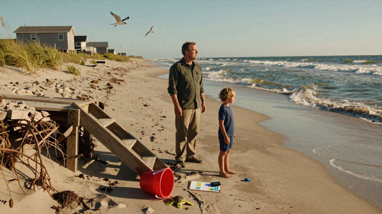 Homem e menino observam o mar em praia com gaivotas, conchas e casa ao fundo sob céu claro.
