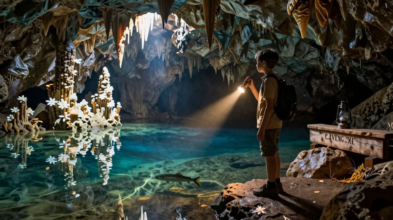 Menino com mochila explorando caverna iluminada por lanterna próximo a lago cristalino com peixe e formações rochosas.
