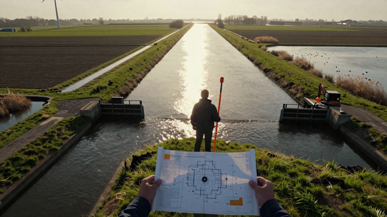Pessoa segura planta diante de engenheiro que observa e controla canal de irrigação em área rural ao pôr do sol.