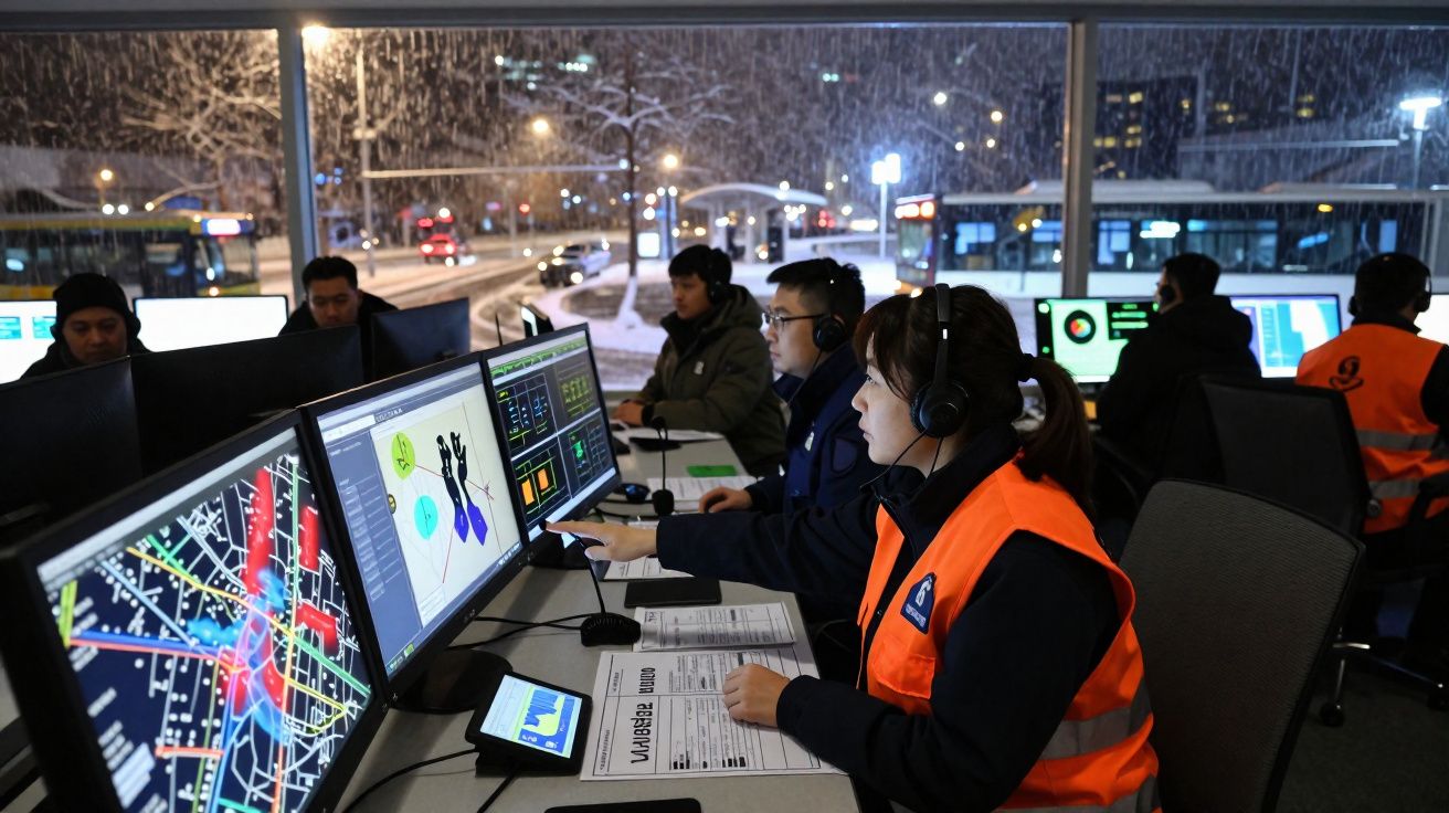 Sala de controle com operadores monitorando telas, com neve e ônibus ao fundo à noite.