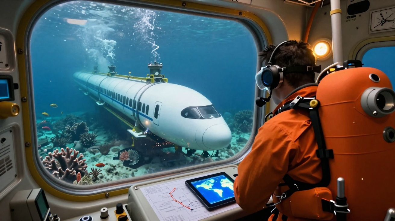 Pessoa observa trem submarino através de janela de veículo subaquático com coral e peixes ao fundo.