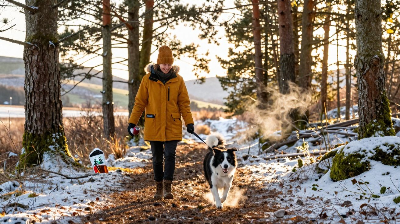 Pessoa com casaco amarelo e gorro caminhando com cachorro preto e branco em trilha de floresta com neve.