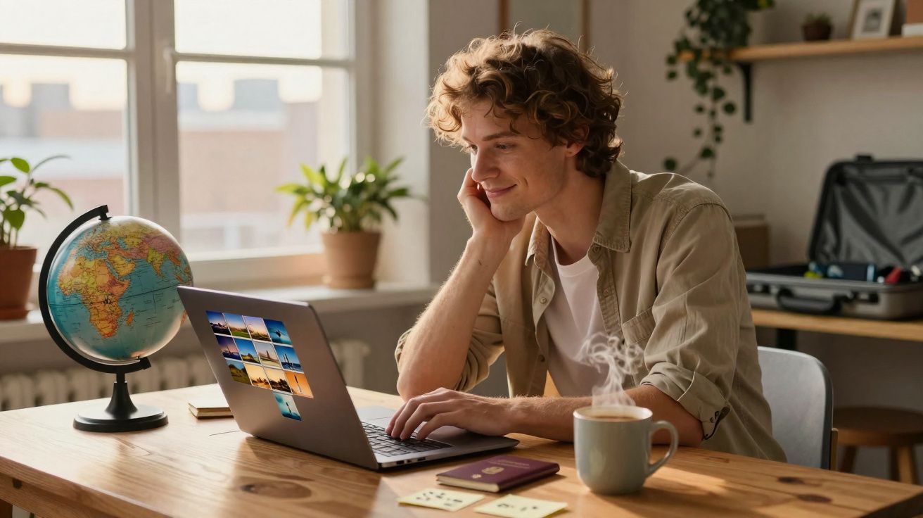 Jovem sorrindo enquanto usa laptop numa mesa com globo terrestre, caneca de chá e passaporte.