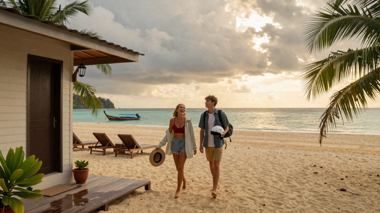 Casal caminhando descalço na praia ao pôr do sol, perto de cabana, palmeiras e barcos no mar.