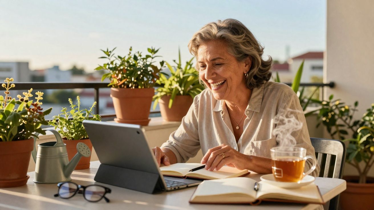 Mulher sorridente usando tablet sentada em mesa com plantas, livro e xícara de chá fumegante ao ar livre.