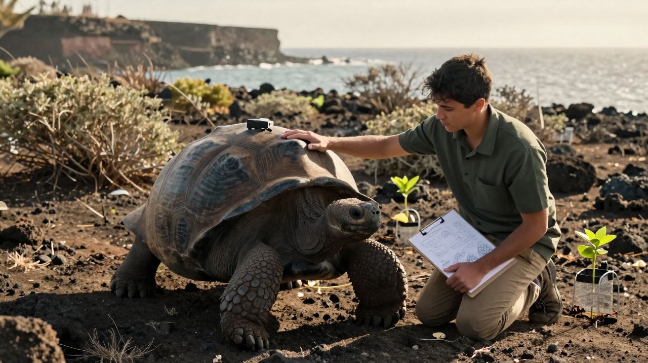Jovem cientista observa e toca tartaruga gigante na área rochosa perto do mar, segurando prancheta.