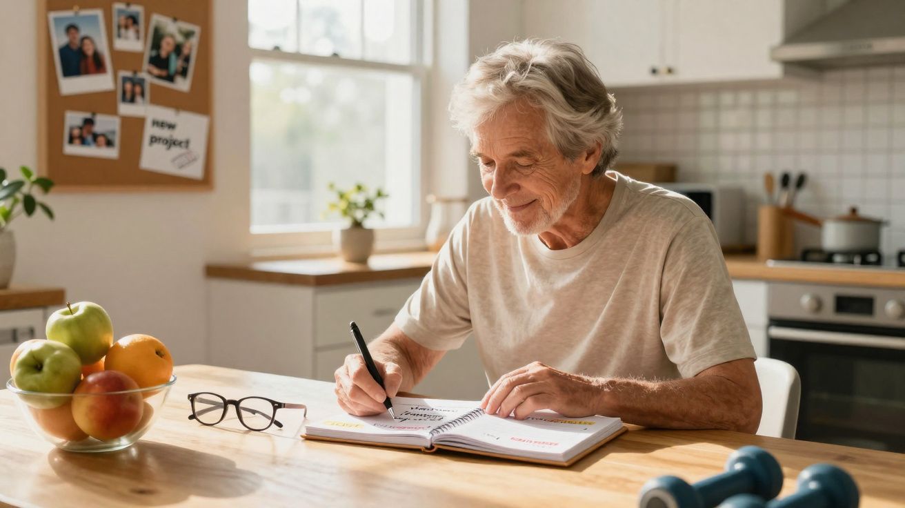 Homem idoso sentado à mesa escrevendo em caderno, com frutas e halteres ao redor, em cozinha iluminada.