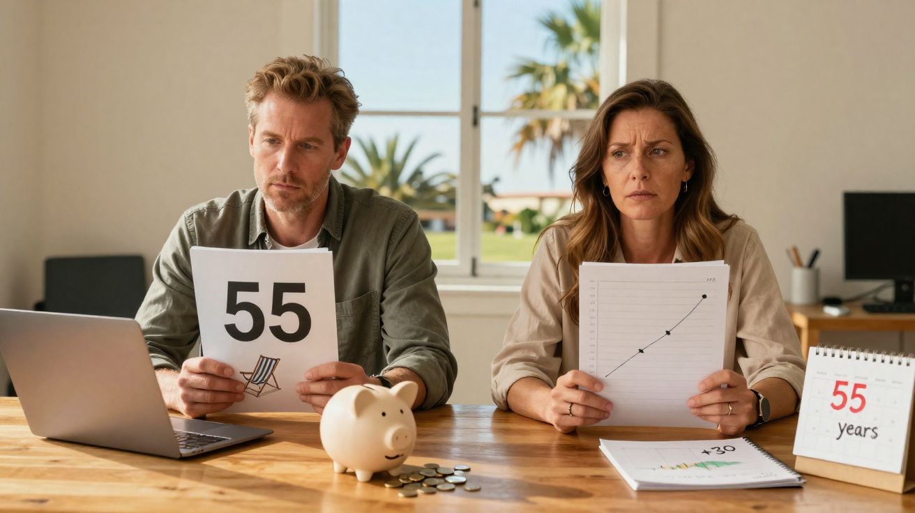 Homem e mulher sentados à mesa com gráficos e cofrinho, preocupados com finanças para aposentadoria.