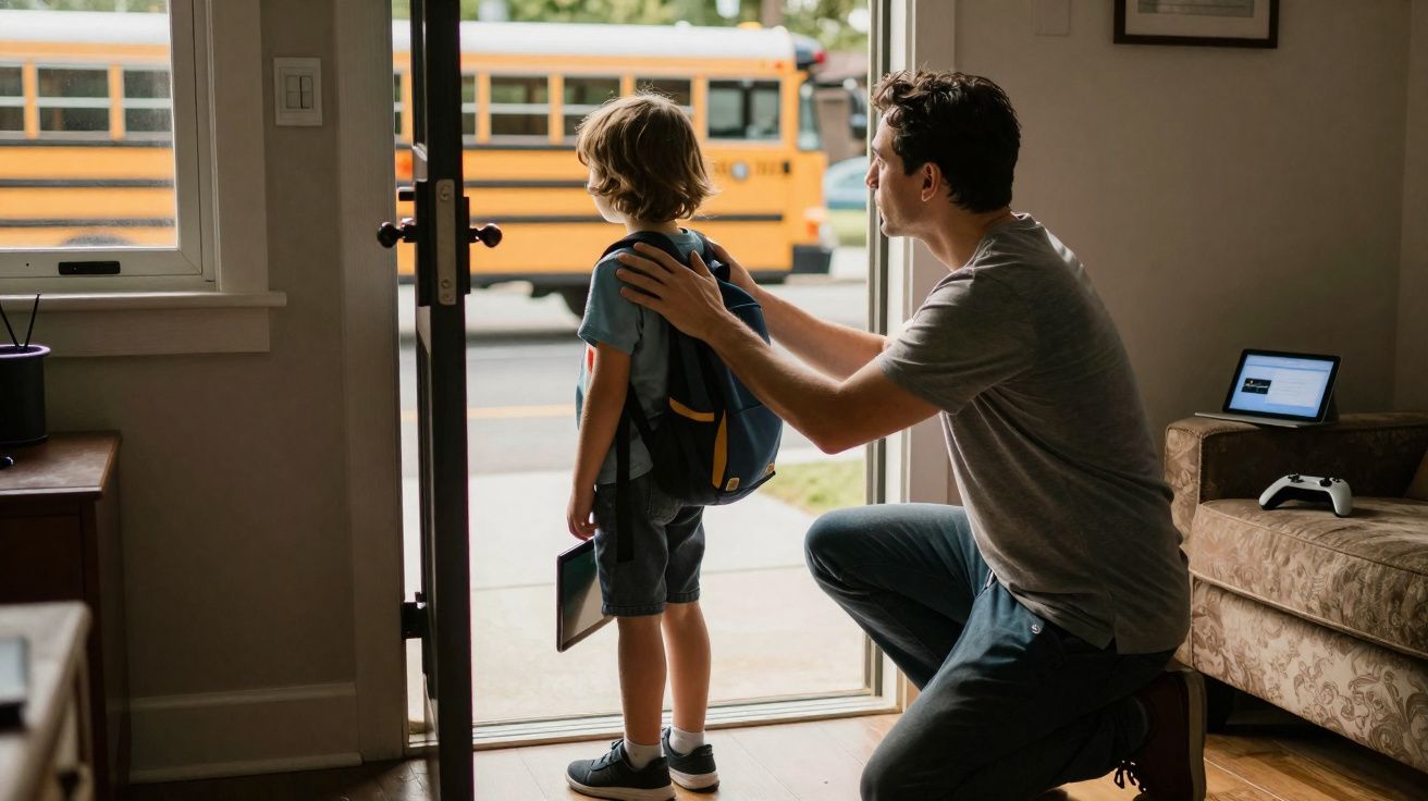 Pai ajoelhado se despedindo do filho com mochila na porta enquanto ônibus escolar amarelo passa do lado de fora.