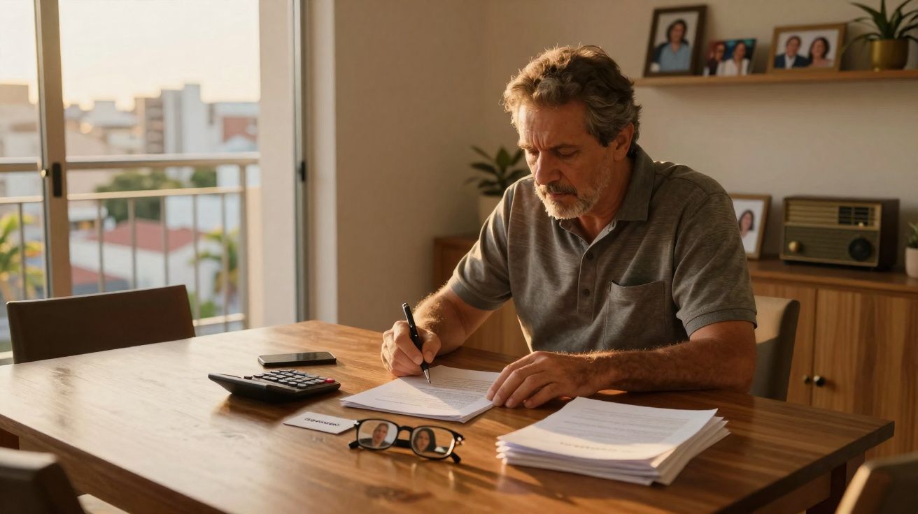 Homem concentrado sentado à mesa escrevendo em documentos em ambiente residencial iluminado pela luz natural.