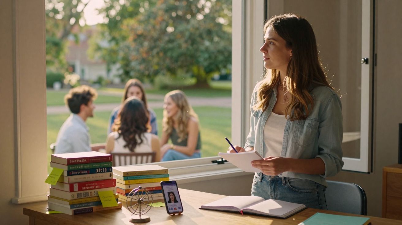 Mulher escreve em caderno sentada próxima a janela, com livros e celular sobre mesa, grupo conversa ao fundo no jardim.