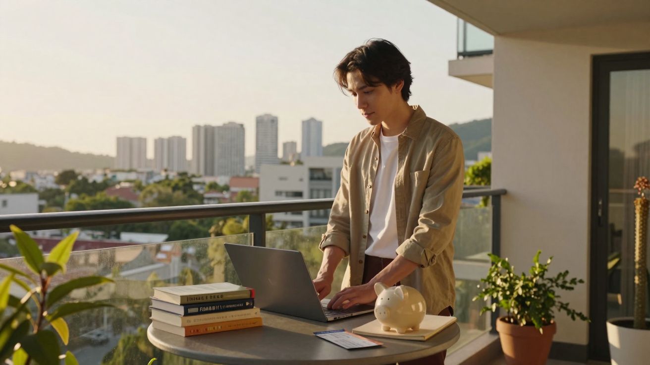 Jovem trabalhando no laptop em varanda com livros, cofrinho, plantas e vista para prédios ao pôr do sol.