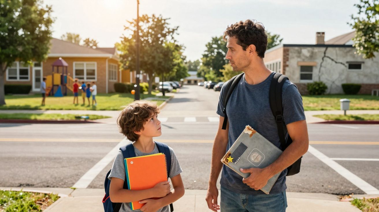 Homem e menino conversam com mochilas e cadernos próximos a uma rua em bairro residencial.