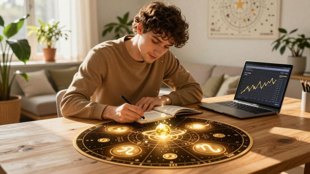 Jovem estudando signos do zodíaco em mesa iluminada com tema astrológico, com laptop aberto ao lado.