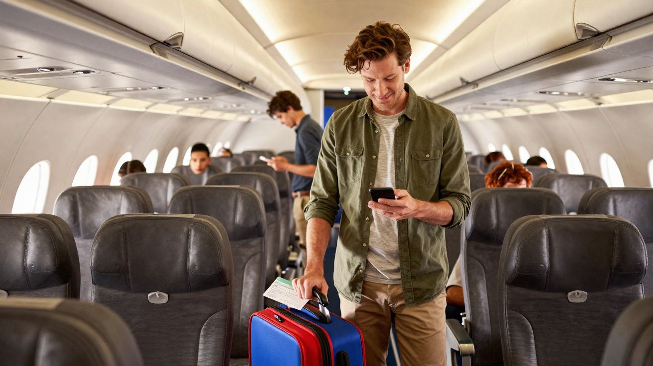 Homem sorridente segurando mala e celular caminhando no corredor de avião com passageiros sentados ao fundo.