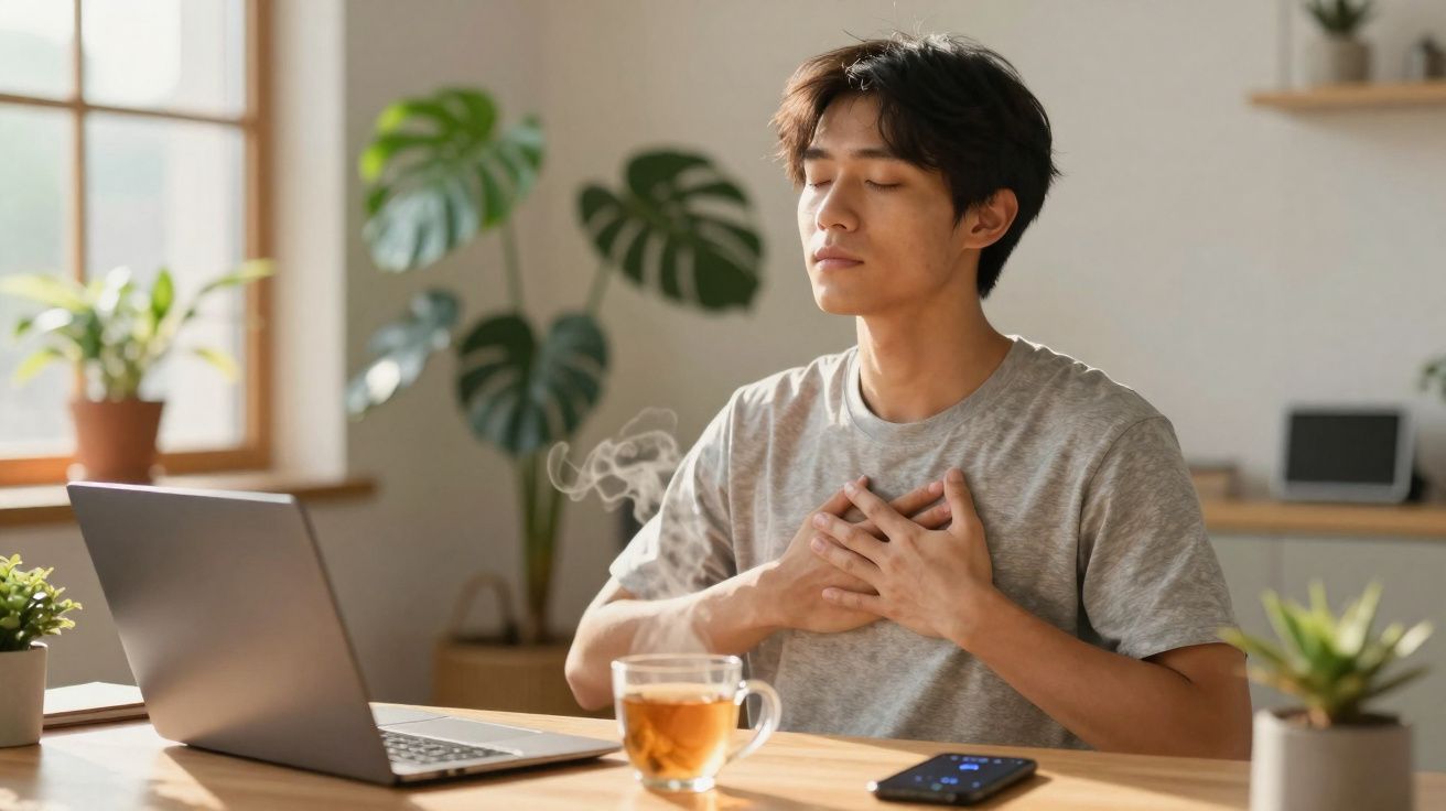 Jovem sentado à mesa com laptop, chá e celular, realizando exercício de respiração profunda com as mãos no peito.