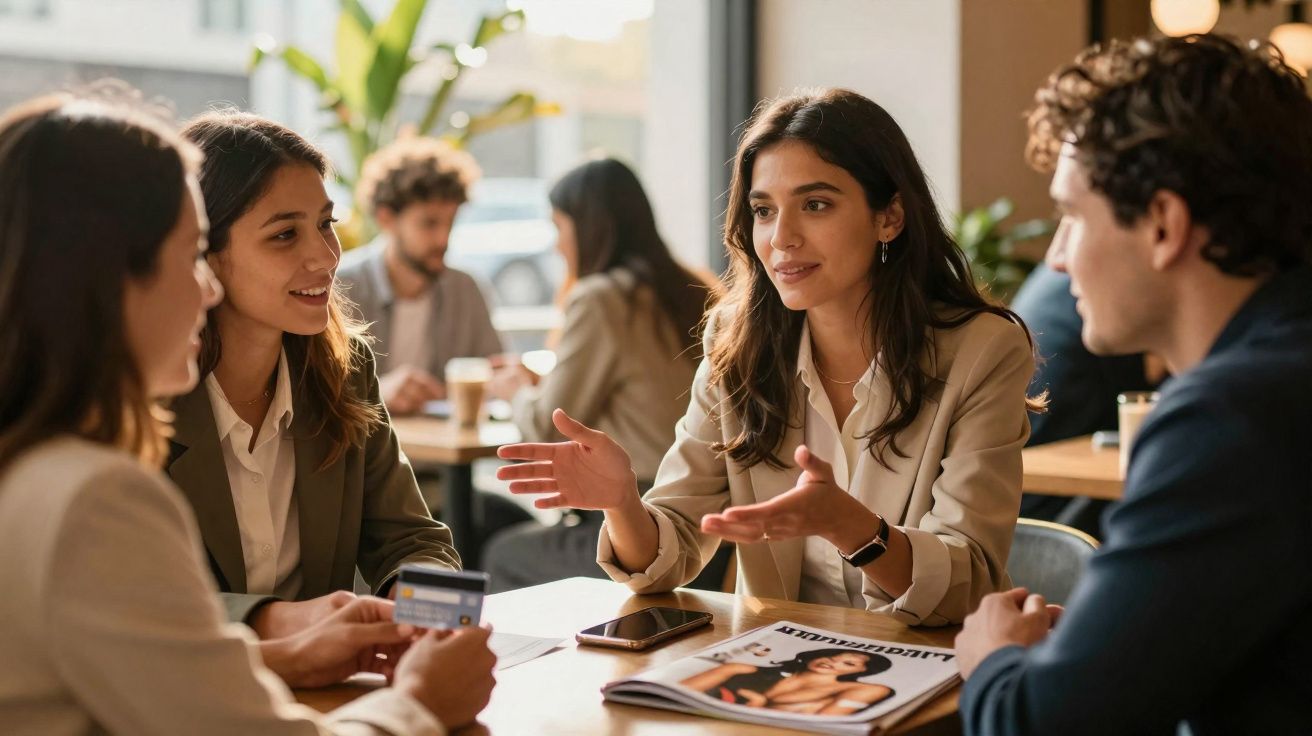 Grupo de jovens conversando em café, com cartas de crédito e revista sobre a mesa.