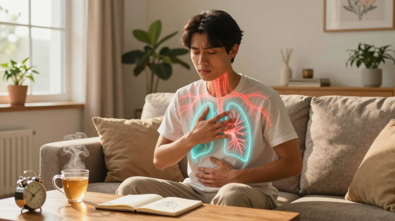 Jovem sentado no sofá, com expressão de dor e ilustração digital dos pulmões e traqueia sobreposta no peito.