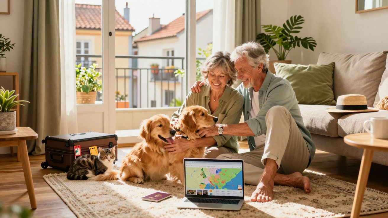 Casal idoso sentado no tapete com dois cães e um gato, computador e mala em sala iluminada.