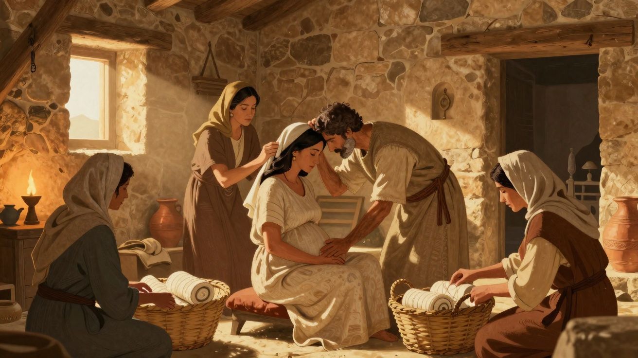 Cena bíblica em casa rústica com mulher grávida sentada e homem tocando sua barriga cercados por outras mulheres.