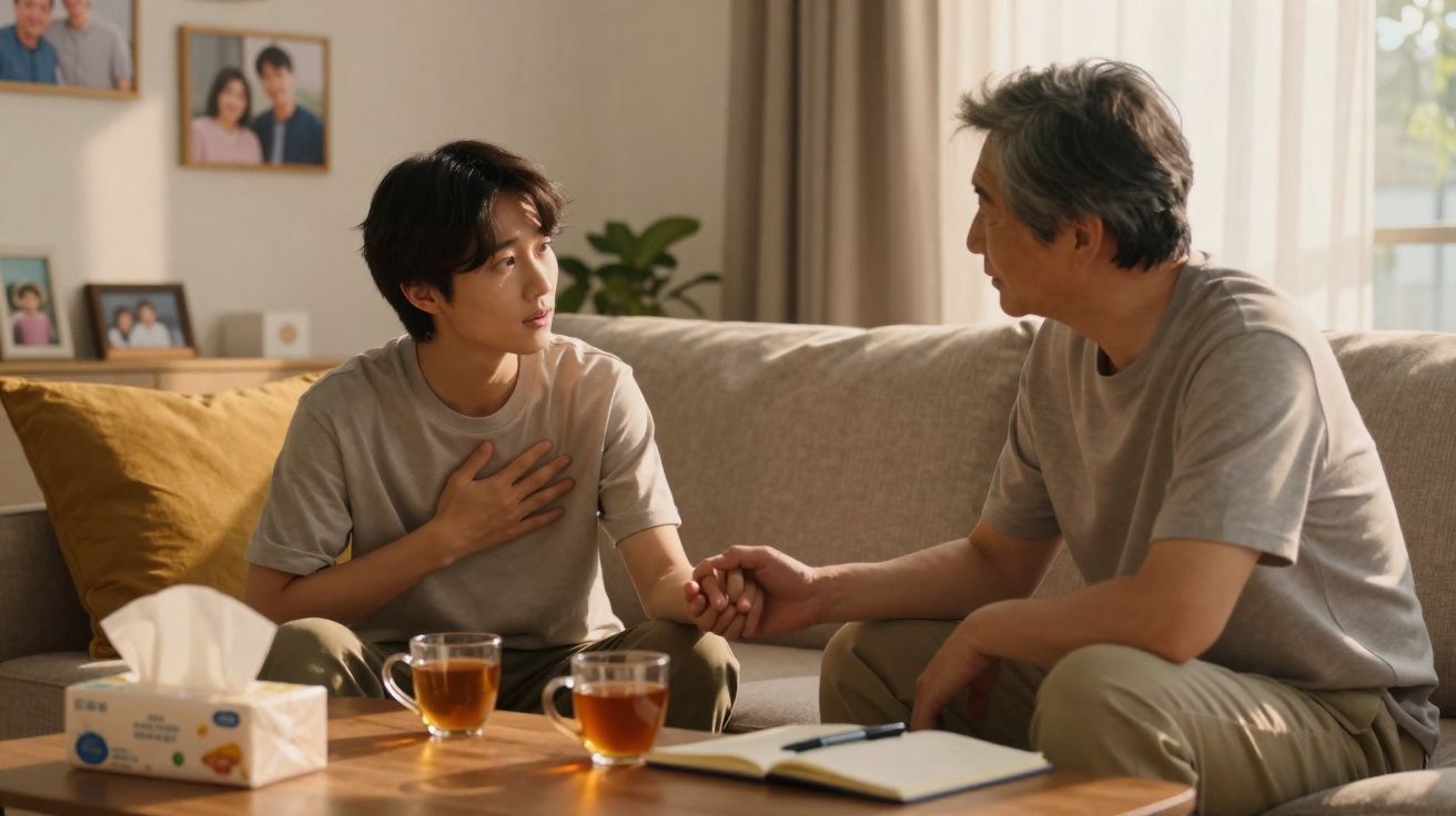 Homem mais velho segura a mão de jovem em conversa séria no sofá com chá e bloco de notas na mesa.