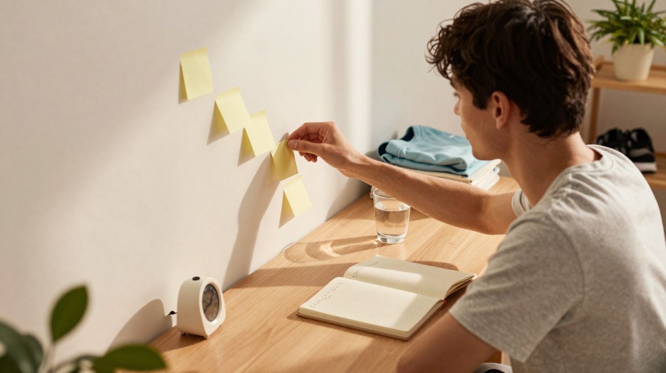 Jovem sentado à mesa organiza post-its amarelos na parede com caderno aberto e copo de água à frente.